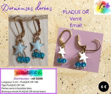 Boucles dormeuses Plaqué or verre bleu étoile Plaqué or émail blanc Les Couleurs de Lo