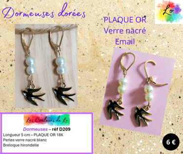 Boucles dormeuses Plaqué or verre nacré blanc hirondelle émail noir Les Couleurs de Lo