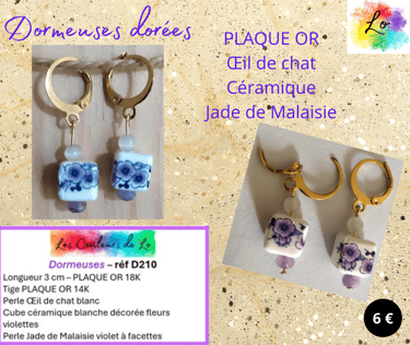 Boucles dormeuses Plaqué or Œil de chat céramique Jade de Malaisie Les Couleurs de Lo