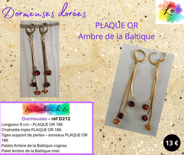 Boucles dormeuses Plaqué or triple chaînette Plaqué or Ambre de la Baltique Les Couleurs de Lo