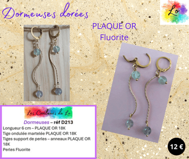 Boucles dormeuses Plaqué or tige ondulée martelée Plaqué or Fluorite Les Couleurs de Lo