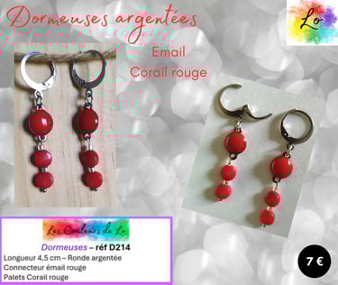 Boucles dormeuses argentées émail rouge Corail rouge Les Couleurs de Lo