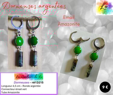 Boucles dormeuses argentées émail vert Amazonite Les Couleurs de Lo