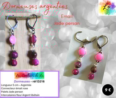 Boucles dormeuses argentées émail rose Jade êrsan fleurs Argent tibétain Le Couleurs de Lo
