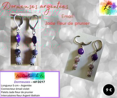 Boucles dormeuses argentées émail violet Jade fleur de prunier Les Couleurs de Lo