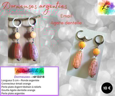 Boucles dormeuses argentées émail orange Agate dentelle orange Les Couleurs de Lo