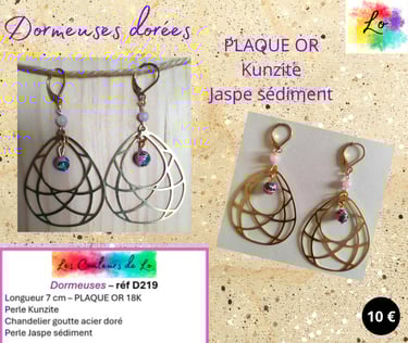 Boucles dormeuses Plaqué or chandelier doré Kunzite Jaspe sédiment bleu Les Couleurs de Lo