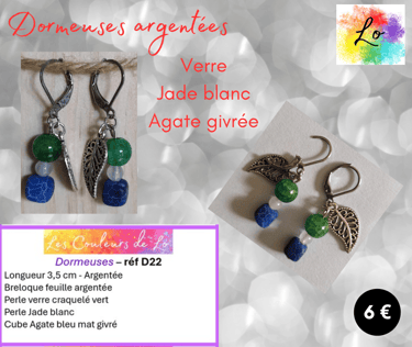 Boucles dormeuses argentées verre vert Jade blanc Agate bleu feuille métal Les Couleurs de Lo