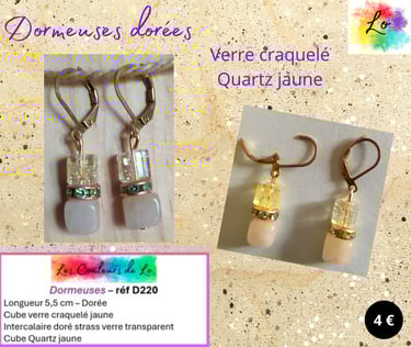 Boucles dormeuses dorées verre craquelé jaune strass Quartz jaune Les Couleurs de Lo