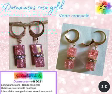 Boucles dormeuses rose gold verre craquelé pastèque strass Les Couleurs de Lo