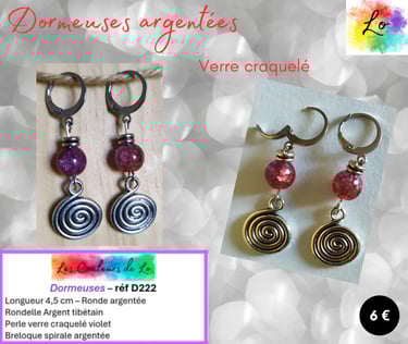 Boucles dormeuses argentées verre craquelé violet spirale argentée Les Couleurs de Lo