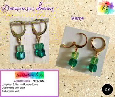 Boucles dormeuses dorées cubes verre vert Les Couleurs de Lo