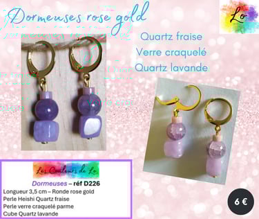 Boucles dormeuses rose gold Quartz fraise verre craquelé parme Quartz lavande Les Couleurs de Lo