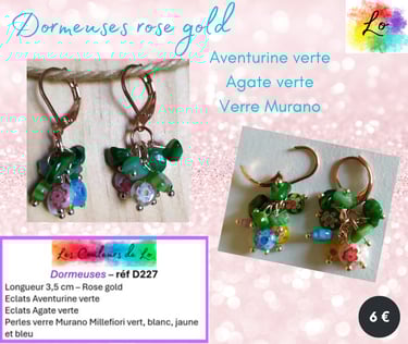 Boucles dormeuses rose gold Aventurine Agate verre Murano Millefiori Les Couleurs de Lo