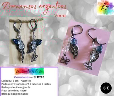 Boucles dormeuses argentées fleur verre papillon Les Couleurs de Lo