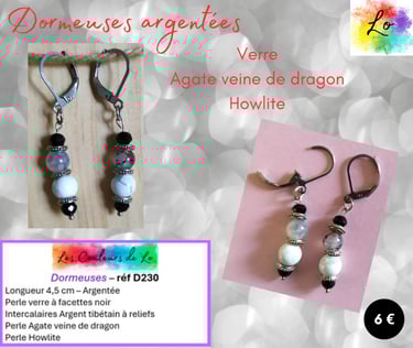 Boucles dormeuses argentées verre Agate Howlite Les Couleurs de Lo