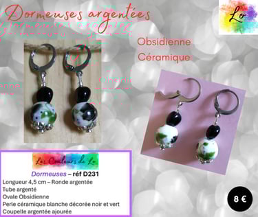 Boucles dormeuses argentées Obsidienne céramique décorée Les Couleurs de Lo