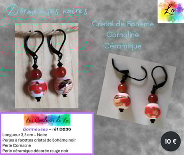 Boucles dormeuses noires cristal noir Cornaline céramique décorée Les Couleurs de Lo