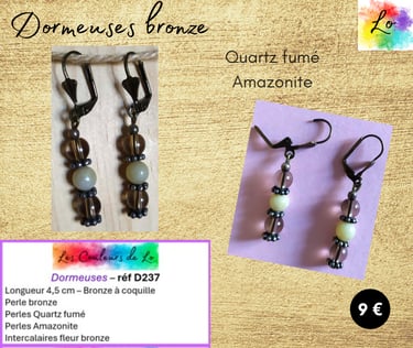 Boucles dormeuses bronze Quartz fumé Amazonite Les Couleurs de Lo