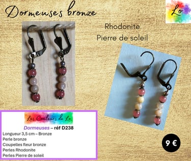 Boucles dormeuses bronze Rhodonite Pierre de soleil Les Couleurs de Lo
