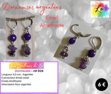 Boucles dormeuses argentées émail violet Améthyste perles fleur métal Les Couleurs de Lo