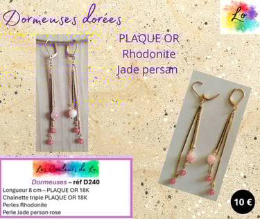 Boucles dormeuses Plaqué or chaînette triple Rhodonite Jade persan rose Les Couleurs de Lo