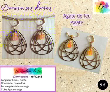 Boucles dormeuses dorées chandelier ovale Agate de feu Agate orange Les Couleurs de Lo