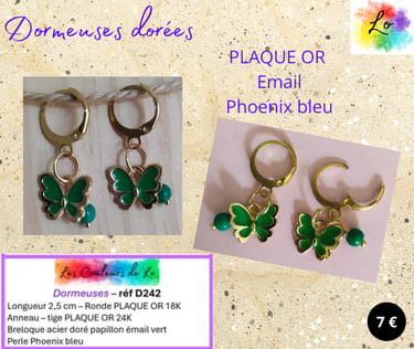 Boucles dormeuses Plaqué or papillon émail vert Phoenix bleu Les Couleurs de Lo