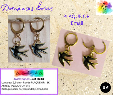 Boucles dormeuses Plaqué or hirondelle émail noir Les Couleurs de Lo