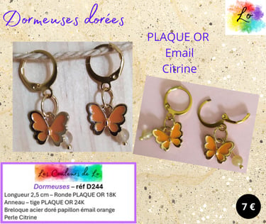 Boucles dormeuses Plaqué or papillon émail orange Citrine Les Couleurs de Lo