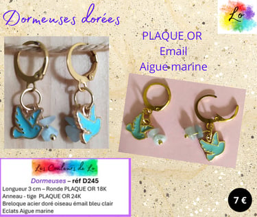Boucles dormeuses Plaqué or oiseau émail bleu clair Aigue marine Les Couleurs de Lo