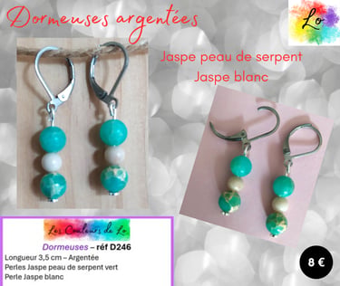 Boucles dormeuses argentées Jaspe peau de serpent vert Jaspe blanc Les Couleurs de Lo