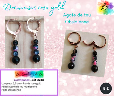 Boucles dormeuses rose gold Agate de feu Obsidienne Les Couleurs de Lo