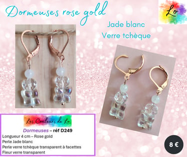 Boucles dormeuses rose gold Jade blanc verre transparent Les Couleurs de Lo