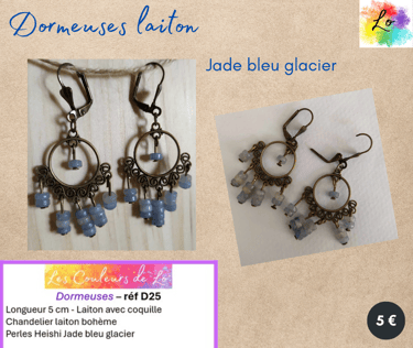 Boucles dormeuses laiton chandelier Jade bleu glacier Les Couleurs de Lo