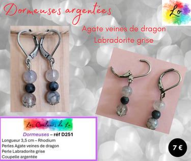 Boucles dormeuses argentées Agate veines de dragon Labradorite grise Les Couleurs de Lo