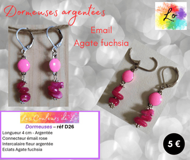 Boucles dormeuses argentées émail rose Agate fuchsia Le Couleurs de Lo