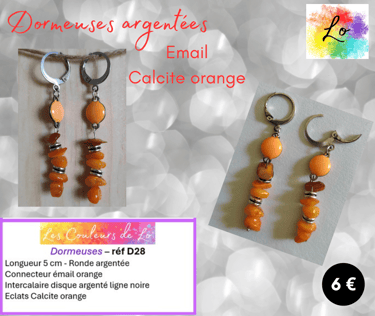 Boucles dormeuses argentées émail orange Calcite orange Les Couleurs de Lo