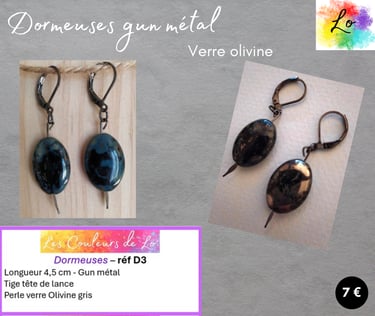 Boucles dormeuses gun métal verre olivine gris Les Couleurs de Lo
