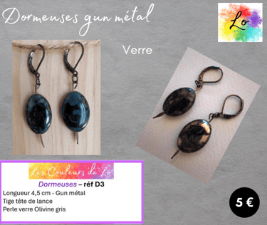 Boucles dormeuses gun métal verre olivine gris Les Couleurs de Lo