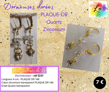 Boucles dormeuses Plaqué or Quartz cœur Zirconium Les Couleurs de Lo