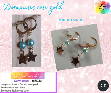 Boucles dormeuses rose gold verre bleu nacré étoile acier Les Couleurs de Lo