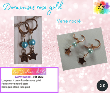 Boucles dormeuses rose gold verre bleu nacré étoile acier Les Couleurs de Lo