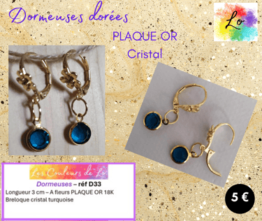 Boucles dormeuses Plaqué or breloque cristal turquoise Les Couleurs de Lo