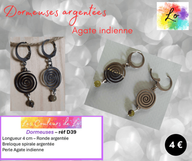 Boucles dormeuses argentées spirale acier Agate indienne Les Couleurs de Lo