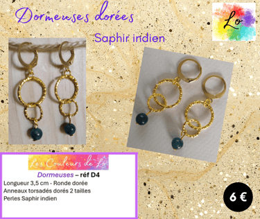 Boucles dormeuses dorées anneaux métal martelé Saphir indien Les Couleurs de Lo