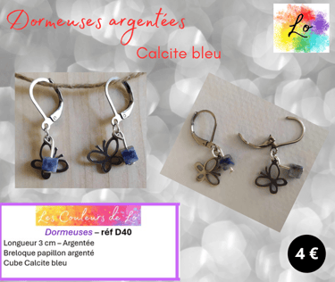 Boucles dormeuses argentées Calcite bleu papillon acier Les Couleurs de Lo
