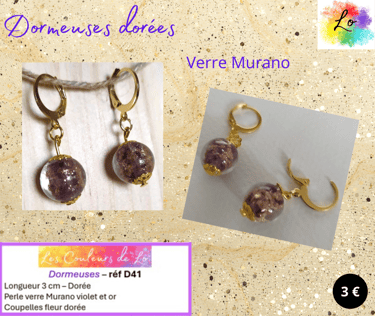 Boucles dormeuses dorées verre Murano violet doré Les Couleurs de Lo