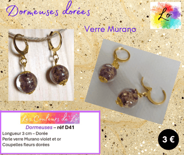 Boucles dormeuses dorées verre Murano violet-doré Les Couleurs de Lo