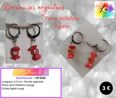Boucles dormeuses argentées Murano Millefiori Agate rouge Les Couleurs de Lo